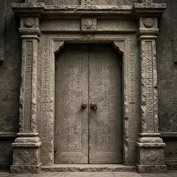 matte painting of the ancient stone door, inscribed with magical runes, art by donato giancola and greg rutkowski, symmetry!!