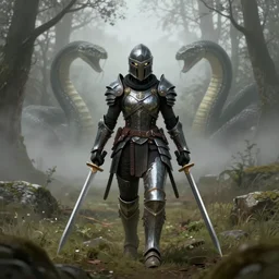 a matte painting of a helmeted female warrior wearing battle worn power armor wielding twin swords walking in the forest plains of north yorkshire, misty forest, monstrous snake creature in the mist, good value control, concept art, digital painting, sharp focus, symmetrical, segmented armor, single character full body, 4k, illustration, glowing eyes, rule of thirds, centered, moody colors, moody lighting, atmospheric