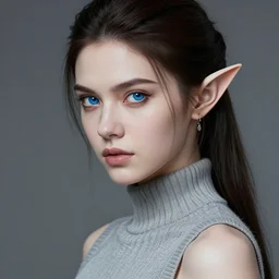 close up portait of beautiful elf lady, white skin, blue eyes, long tied ponytail, serious look, sleeveless turtle neck sweater, earrings, highly detailed, high fantasy, smooth, sharp focus, digital illustration, by rossdraws, frank franzzeta, artgerm