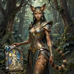 royalty, female, tabaxi, forest, d & d, fantasy, intricate, elegant, highly detailed, digital painting, artstation, octane render, concept art, matte, sharp focus, illustration, hearthstone, art by artgerm and greg rutkowski and alphonse mucha
