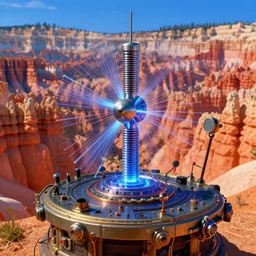 close up photograph of a strange surrealist detailed alien electronic-wind-tesla-coil-musical-instrument!!, designed by pixar!!,  in the background is a bryce 3d surrealist landscape biome, hyper detailed, photorealistic, Blacklight poster, 90s videogame screenshot, 8k, hd