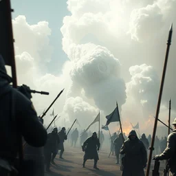 digital art, close up view of a war scene : people against beautiful white smoke monsters, artstation, unreal engine by bruce brenneise
