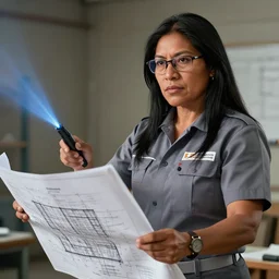 epic portrait of slightly muscular indigenous visionary woman wearing short sleeved instructor uniform pointing lase pointer on construction blueprint, architecture, glasses, detailed, artstation, concept art, donato giancola, joseph christian leyendecker, wlop, boris vallejo, breathtaking, 8 k resolution, extremely detailed beautiful, establishing shot, artistic hyperrealistic, beautiful face, refined hands, octane render