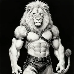 aesthetic portrait commission of a  of a male fully furry muscular anthro albino lion wearing attractive leather harness and shorts with a tail and a beautiful attractive hyperdetailed face r, safe for work (SFW). Character design by charlie bowater, ross tran, artgerm, detailed, inked, award winning film poster painting