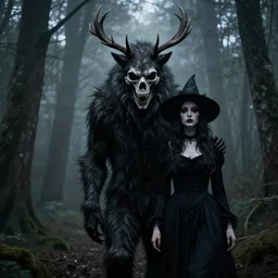 style artgerm, joshua middleton, diego fazio, hubert robert : : scary wendigo with antlers and skull face mixed with werewolf : : [ beautiful witch wearing a black dress, symmetrical face, on the right side ] : : in the forest, detailed, dark and foggy, cinematic lighting