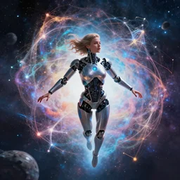 woman cyborg floating in space letting go of reality and experiencing the quantum feild, matte painting comic book art, cinematic, highly detailed, realistic, beautiful cosmic neural network, octane render, unreal engine, depth of field, trending on artstation, sharp focus, philosophical splashes of colors