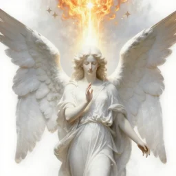realistic detailed painting 3 / 4 portrait of white angel with clean narrow face like noface and super giant wings from the light, by william blake, noface!!!!, nogender face, miracle light coming up from the head up and up!!, a lot of fire - stars overhead!!!, misty space, grace and blessing, sfumato effect, renaissance, christianity, marble stone, glow effect, large soft strokes, soft shadow and light, soft effect, soft white vertical lines lines, white background