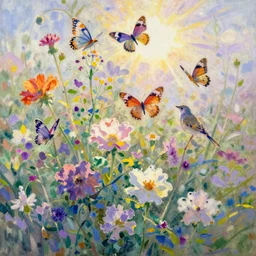 flowers, butterflies, birds and sunshine, watercolor painting by monet