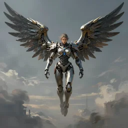 muscular woman wearing ((biomechanical)) armor with large robotic wings flying into the sky, matte painting, brutalist painting, Anthem game, battle angel, single character full body, 4k, illustration, concept art, rule of thirds, centered