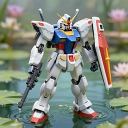 a closeup photograph of waterlily gundam stepping out of a pond with a lazer rifle dripping water. film still. brightly lit scene. this 4 k hd image is trending on artstation, featured on behance, well - rendered, extra crisp, features intricate detail, epic composition and the style of unreal engine.