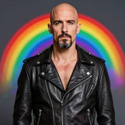 a bald man in leatherclothes with a goatee,pride, rainbow, art by Tony sart, Thomas kinkade