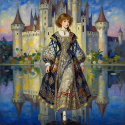 beautiful young girl in intricate clothing by ilya kuvshinov, walking in a castle painted by sana takeda, reflections, very high intricate details, painting, digital anime art, medium shot, mid - shot, composition by krenz cushart and greg rutkowski