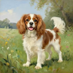 cavalier spaniel, happy summer scene, painting by albert edelfelt