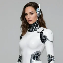 beautiful Fine art photo portrait of enraptured Gal Gadot as a solarpunk robotic goddess, white mechanical parts with led lights, photorealistic, white background, highly detailed and intricate, studio lighting, HDR 8k