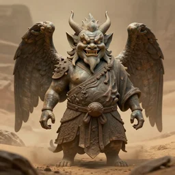 a portrait of a smiling gargoyle monk warrior with small horns and large wings, toothy grin, in the style of bayard wu, trending on artstation, desert background, shadowy, chaotic undertones, high detail 8 k, unreal engine 4
