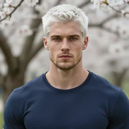 detailed cinematic wide shot of muscular attractive young man wearing navy clothing beard slim face symettrical face clean skin blue eyes white hair, ultra realistic, spring light, painting by gaston bussiere, craig mullins, j. c. leyendecker
