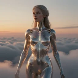 biblical beautiful female android, glowing veins, in clouds, sunset, portrait, by gerald brom, by peter elson, muted colors, extreme detail, reflections, trending on artstation, 8 k
