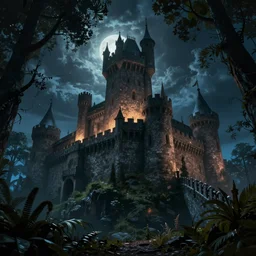 a medieval castle in a forest with a glowing night sky from an upward angle, style arcane tv series, digital art