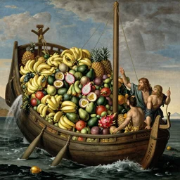 Prophet Noah filling the huge ship with luxury fruits during the great flood, bananas, avocados, passion fruits, dragon fruits, pineapples, colorful, epic, legendary, holy,  by Esaias van de Velde