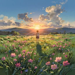 astral flower sunrise meadow, retro art illustration in the style of makoto shinkai and leiji matsumoto and thomas kinkade