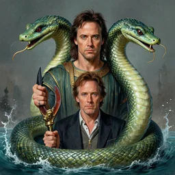 two - headed hydra of lerna, jim carey as lloyd christmas beside jeff daniels as harry dunne ( from dumb and dumber ), serpentine water monster, d & d, fantasy, portrait, highly detailed, digital painting, trending on artstation, concept art, sharp focus, illustration, art by artgerm and greg rutkowski and magali villeneuve