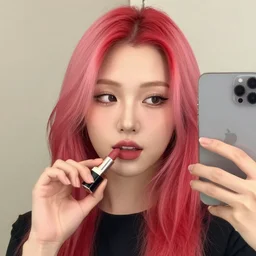 jeffree star 2 0 0 0 s selfie with pink red hair holding a lipstick