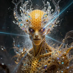 nyarlathotep with honeycomb skin, photorealistic, royo, frazetta, laser light, crystalline shimmers, chaos, complexity, emergence,
