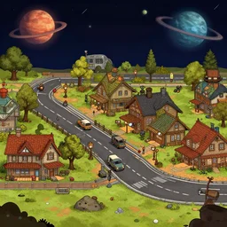 on main street in a small colony on a remote planet, from a space themed point and click 2 d graphic adventure game, art inspired by steampunk and thomas kinkade