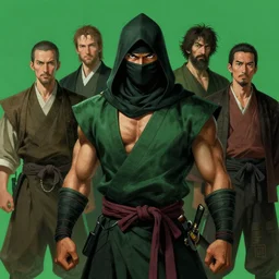 matte painting, professional portrait of a muscular hooded ninja warrior, portrait, shot in 7 0 mm, japanese clothes, japanese fashion, green color scene, by peter mohrbacher, rossdraws, greg rutkowski, pieter bruegel the elder, kuvshinov, sam yang