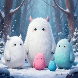a beautiful highly detailed matte painting of cute monsters in a snowy forest by atey ghailan, cliff chiang, loish and goro fujita, white, blue, pink and cyan mystical tones, featured on artstation, featured on behance, grunge aesthetic