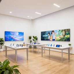 ( ( ( minimalist neon flagship samsung store, white walls. oak floor. hanging lights. geometric furniture, large digital screens. display tables with phones and tablets, verdant plants ) ) ) concept art, accurate colors, john berkey, beeple, wlop, makoto shinkai, yoji shinkawa, wadim kashin, artstation, 4 k
