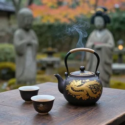 garden, geisha, old traditional japanese tea pot, two smoky cup of tea on a wood table, old concrete statue, smoky autumn lightings, japanese garden background, micro details, ( ( ( intricate ) gold details ) ), photorealism, crisp, hasselblad camera, by annie leibovitz