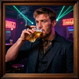 a well framed portrait of conor mcgregor drinking a beer and smoking a cigar in an irish pub with a neon bar, laser lighting, trending on art station, in the style of the movie heat with al pacino, volumetric lighting & shadows, hyper detailed, digital art, unreal engine, 4 0 0 mm f 1. 8,