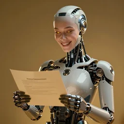 a beautiful intricate fine art portrait photo of a happy mechanical futuristic cybernetic humanoid reading a letter of admission held in hands, by anna dittman and zach sutton, eyes light up, happiness!, perfection!, studio lighting, golden ratio composition, 50mm lens, bionic, cybernetic scifi, deep depth of field, artstation, 8K