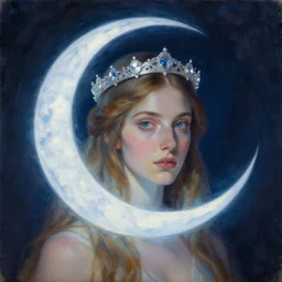Artemixel, the modern reincarnation of the old selenium god of hunt, also known as Artemis the Selene, carrying the celebrated Crown of the Crescent Moon, wich its usual bright and slightly bluish crescent like the brightness of the night. Portrait by Marc Simonetti, oil on canvas