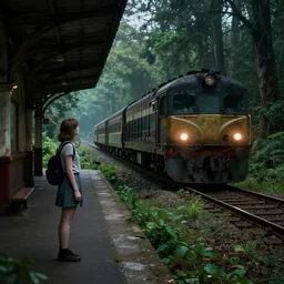Girl standing on the left at the old train station looking forward to the train, old train heading to station with lights on, dense creepy forest with a lot of detail, the tracks covered with vegetation, 50mm photo, highly detailed, hyper realistic, matte painting, 4k, 8k resolution, trending on artstation, octane render, unreal engine, cinematic