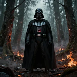 darth vader in a burned forest facing away from the camera, concept art by Doug Chiang, cinematic, moody