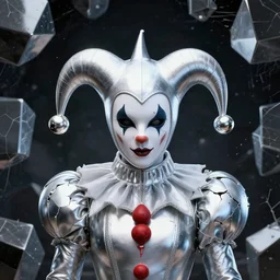 front shot photo of a court jester character fine portrait fine portrait mesmerizing fractal hyper cubes platinum cracked dark future hyper dimensional space galactic crystal nebula edges elegant detailed intricate concept artstation sharp focus ray tracing cinematic masterpiece temporal corruption beeple wlop germ 8 4 k scifi glossy hyper realistic illustration