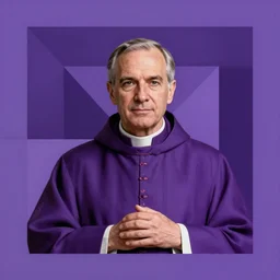 catholic priest with cassock. portrait. bauhaus, angular, geometric, symmetrical. purple color theme. flat, solid background.