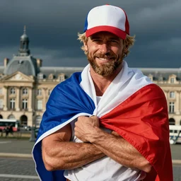 smiling mustached male blond athlete musculated wrapped in a french flag cap | he looked like kevin costner at 4 0 | pont de pierre bordeaux, cinematic and dramatic, 8 k, crisp lines, sharp edges, vibrant colors by artgerm, cushart krenz, greg rutkowski, mucha and norman rockwell
