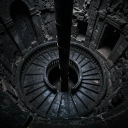 a polished dark black stone spiral staircase in ancient ruins leading down into darkness, viewed from above;  detailed, best on artstation, raymond swanland, bayard wu, cosmic, epic, stunning, masterpiece