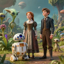 a girl and a boy standing next to some alien plants, looking happy, both wearing victorian clothes, their pet droid is nearby, while a small cute alien creature is standing behind them, in a park on a alien planet, ultra realistic facial details, enhanced faces, ultra photorealistic raytracing, 8k