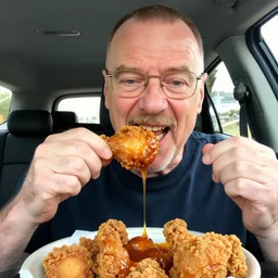 cellphone pov photo of walter white eating fried chicken in his car, mukbang, dripping juices, biting teeth