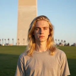 a pale young man with long light blond hair in front of the washington monument, high quality, portrait photography, golden hour