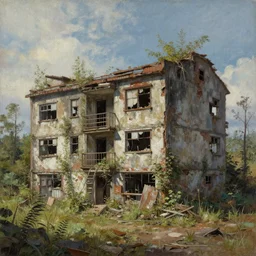 a beautiful detailed painting of abandoned urbex nature ranch - style city building by rafael aranda, water uv light, archdaily, wallpaper, highly detailed, trending on artstation.
