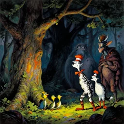 a splornfeld enborkenmeyer forkeling the gnorkgnork under a fumfum tree while the pippies peep | richard corben and doctor seuss with joan semmel and hr giger pastel high contrast cinematic light, mystical shadows, sharp focus, divine realm of gods, octane render