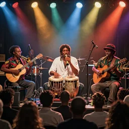 a beautiful reggae music concert, raw, brass instrument, singer, tabla, guitar, battery, view from the crowd, by james jean, by rossdraws, frank franzzeta, mcbess