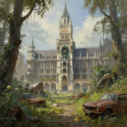 postapocalyptic city of munich!!!, wild forest!!! vegetation!!!, small rubble!!, rusty bmw cars!!, hyperrealistic, highly detailed, cinematic, sunny foggy light, beautiful, cgssociety, artstation, 8 k, oil painting by greg rutkowski, by artgerm, by wlop