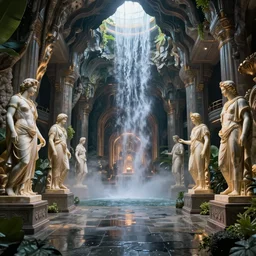 a futuristic grand hall interior in the style of a waterfall cave, Greek statues, wet floors, high ceiling, dark moody lighting, foggy atmosphere, 20mm lens, bright colors, by Craig Mullins and Denis Villeneuve, octane rendering