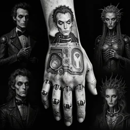 robot hand tattoo design, by tony diterlizzi, tim burton, hr giger, ilford hp 5, 5 5 mm, machinecore by artgerm, 3 d render, gothcore, beeple, joseph leyendecker, carlo carra